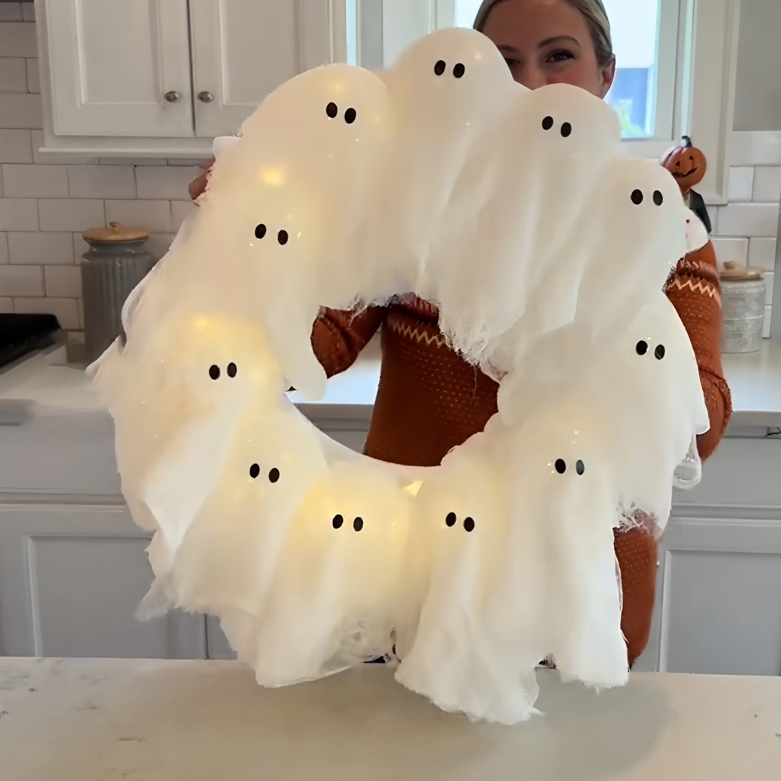 Halloween Ghost Wreath | Cute Door Sign & Glowing Holiday Decoration